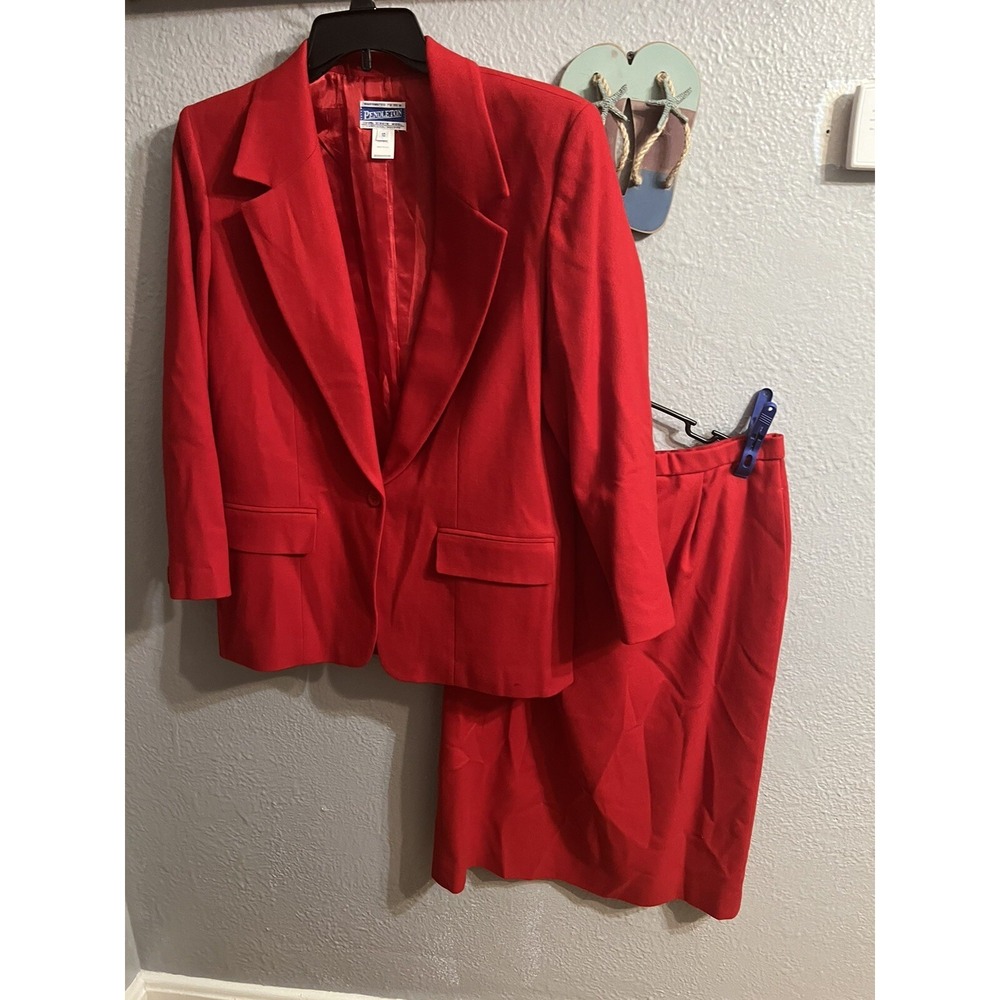 Red Women's Pendleton Skirt Suit Set Size 10 Wool Blazer & Skirt